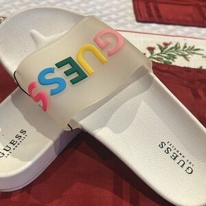 Guess Cream Slides with Multicolor Logo